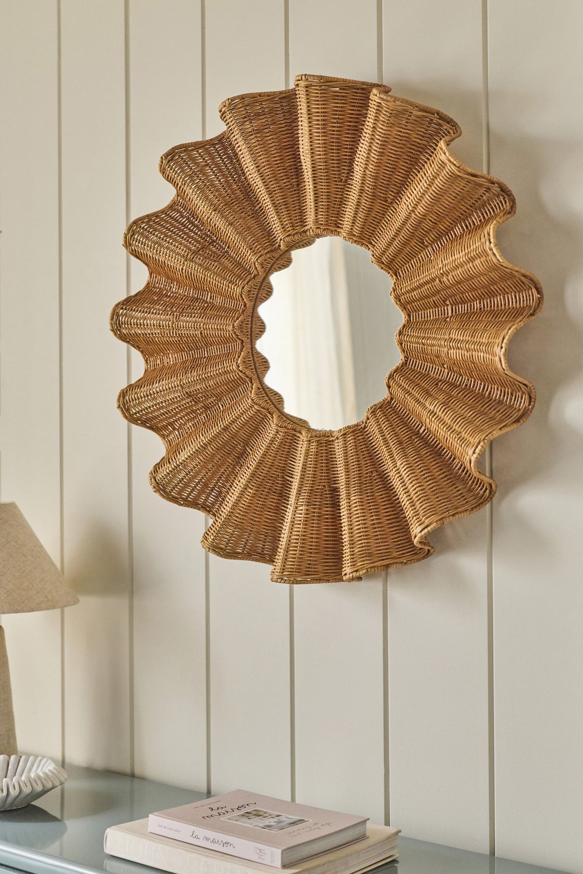 Bara Ruffled Rattan Round Wall Mirror, 34 in featured in the Round Mirrors collection