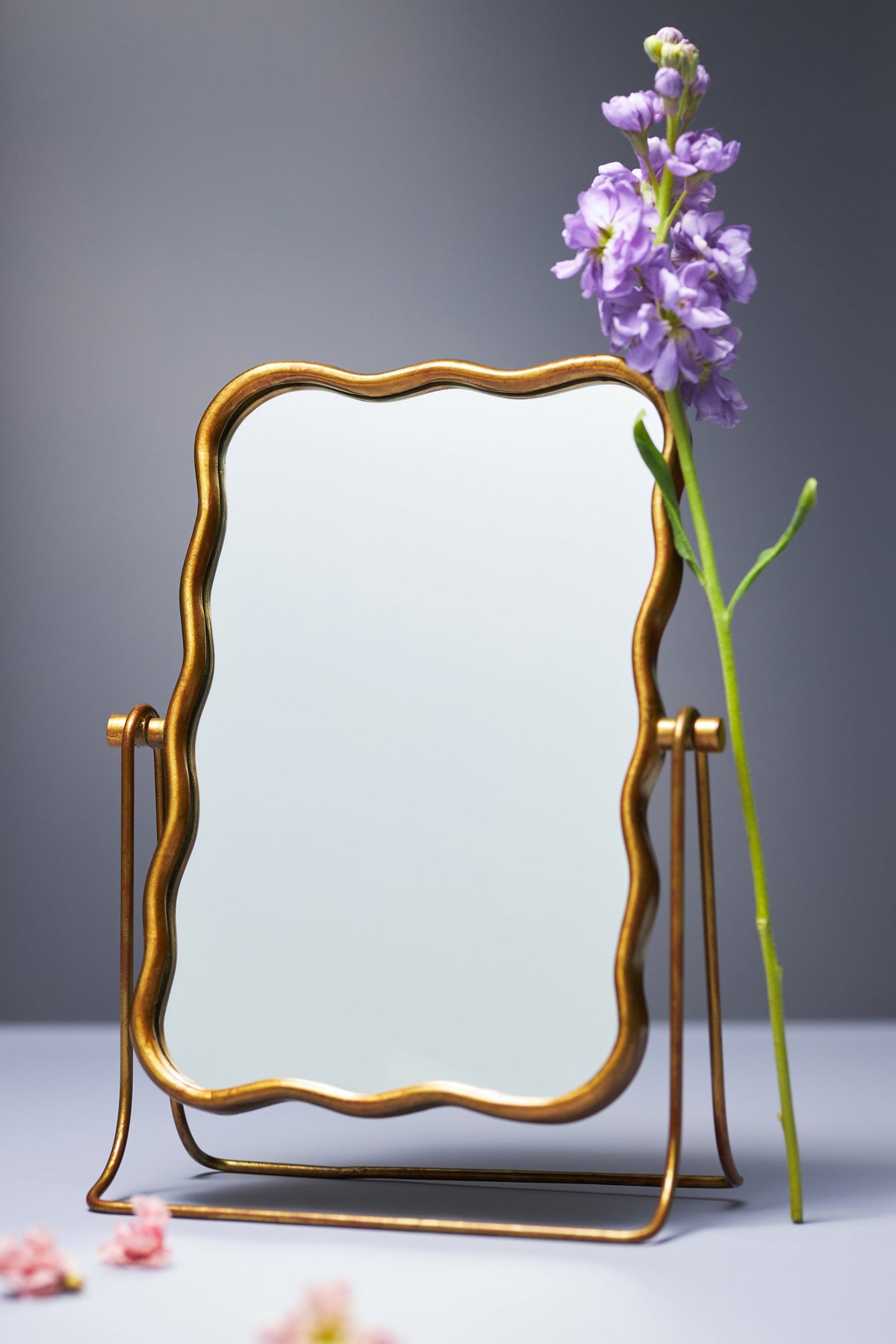 Alda Wavy Tabletop Vanity Mirror, Brass Finish featured in the Vanity Mirrors collection