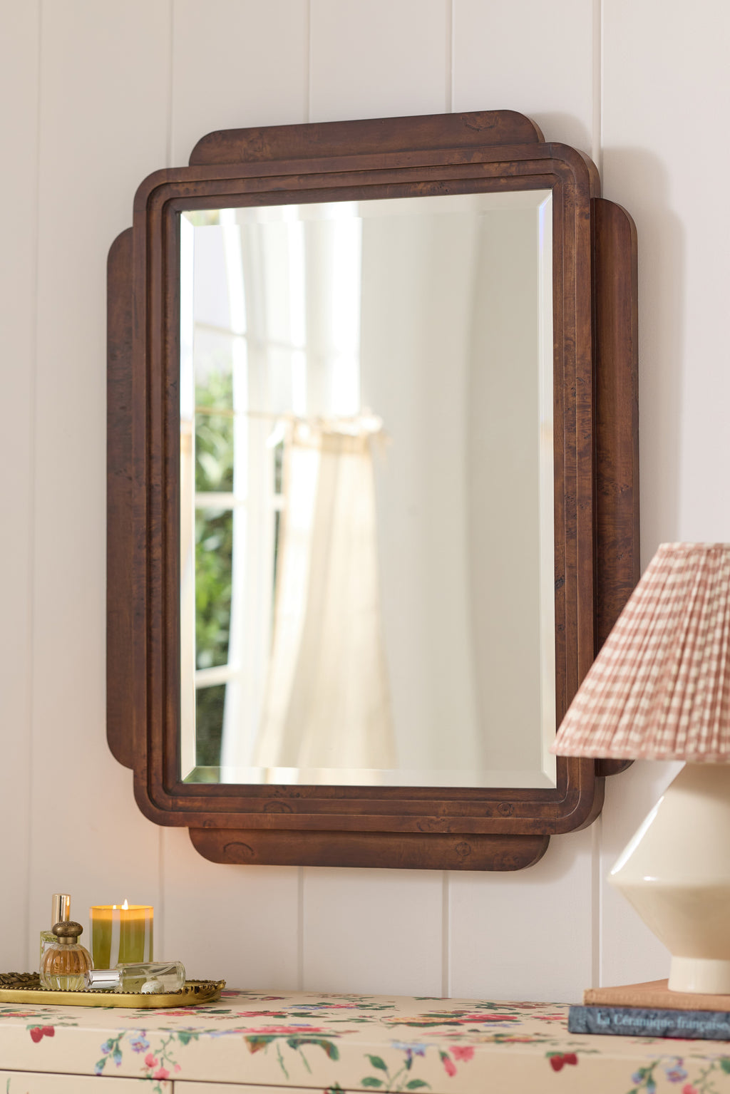 Arni Burl Wood Wall Mirror with Layered Corners in Dark Burl, product view 1