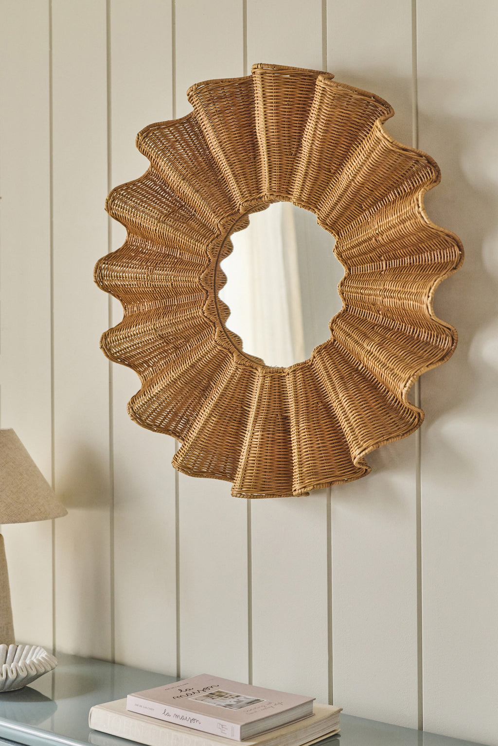 Bara Ruffled Rattan Round Wall Mirror, 34 in in Light Brown, product view 1