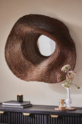 Askja Sculptural Woven Rattan Round Wall Mirror in Brown, product view 1
