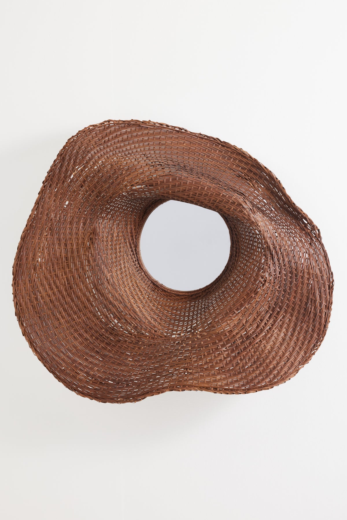 Askja Sculptural Woven Rattan Round Wall Mirror in Brown, product view 2