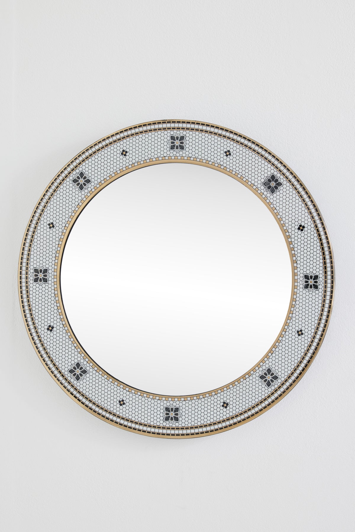 Kaffi Black and White Mosaic Tile Round Wall Mirror, 24k Gold Accents in Black & White Pattern, product view 2