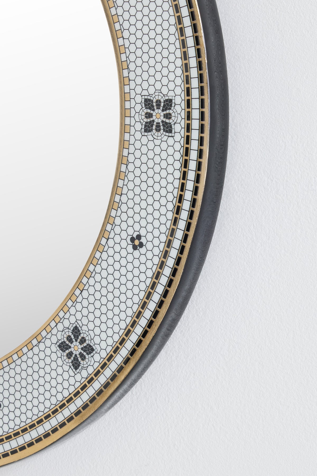 Kaffi Black and White Mosaic Tile Round Wall Mirror, 24k Gold Accents in Black & White Pattern, product view 3