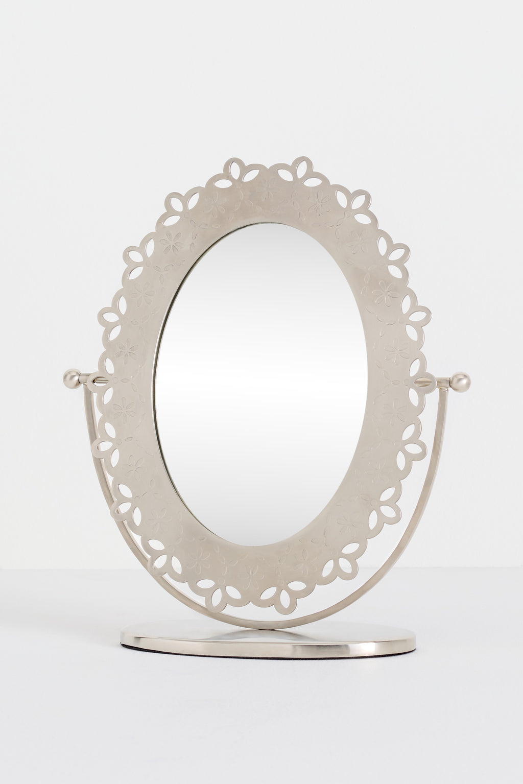 Mani Laser-Cut Floral Tabletop Vanity Mirror, Brushed Nickel, product view 1