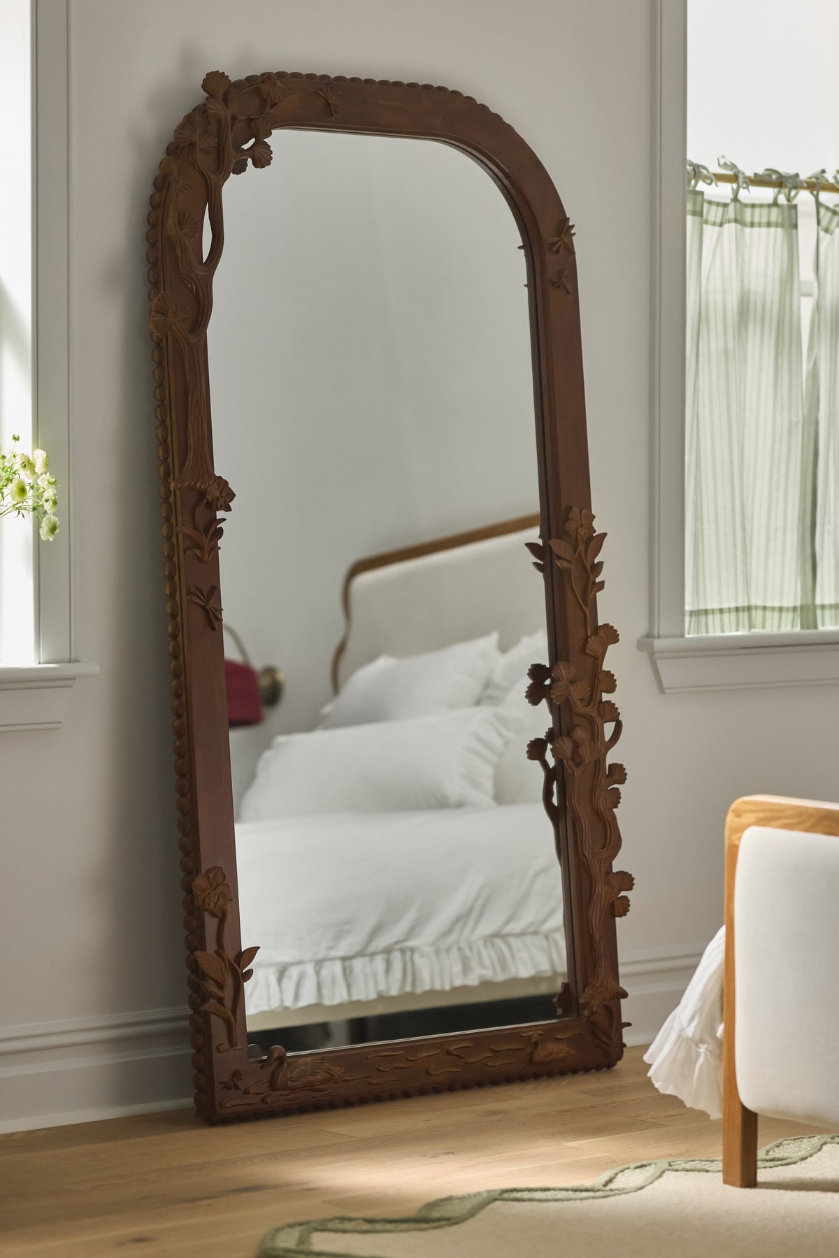 Skogur Carved Floral Wood Arched Floor Mirror in Brown, product view 1