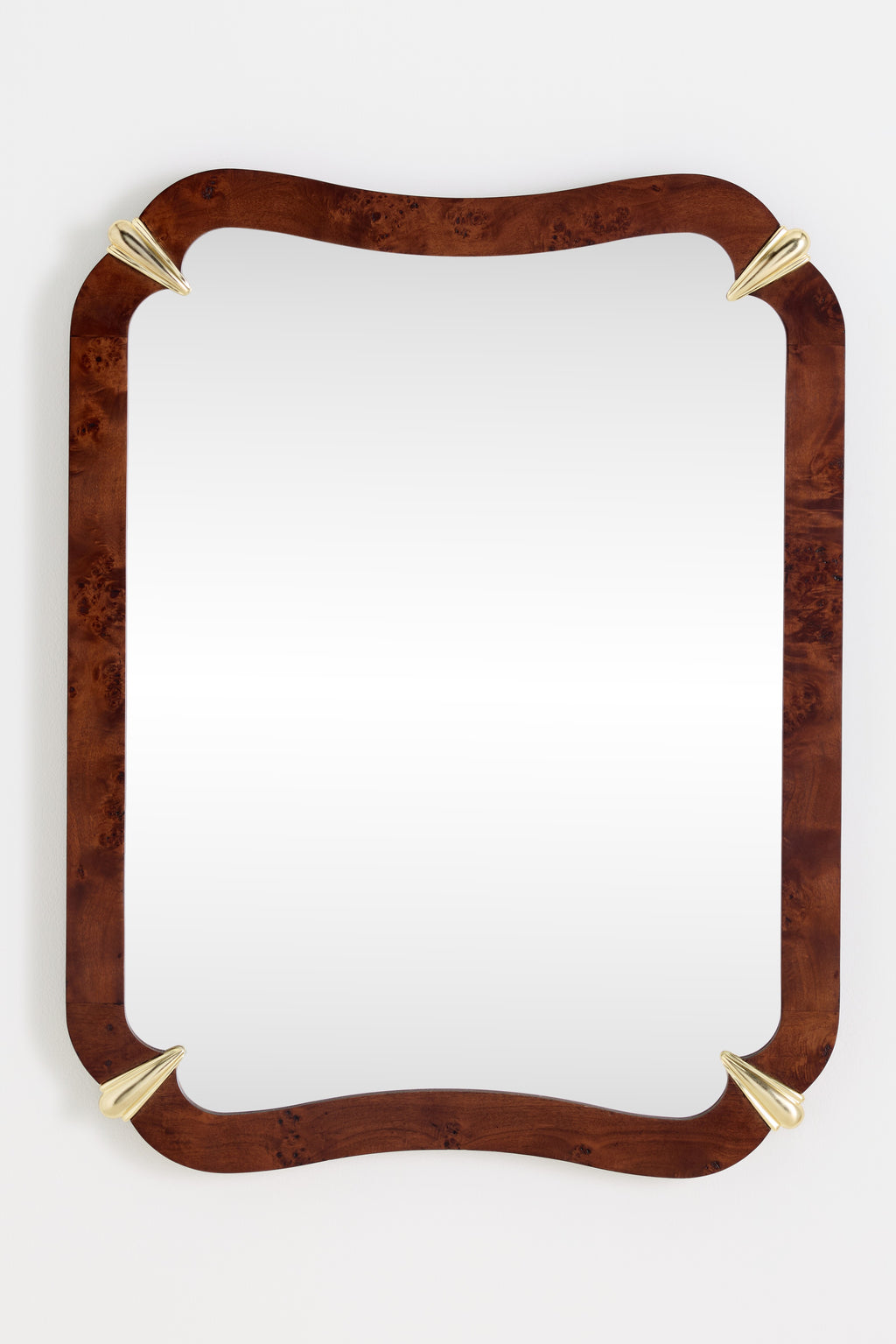 Ylur Curved Burl Veneer Wall Mirror, Gold-Tone Corners in Dark Burl, product view 2