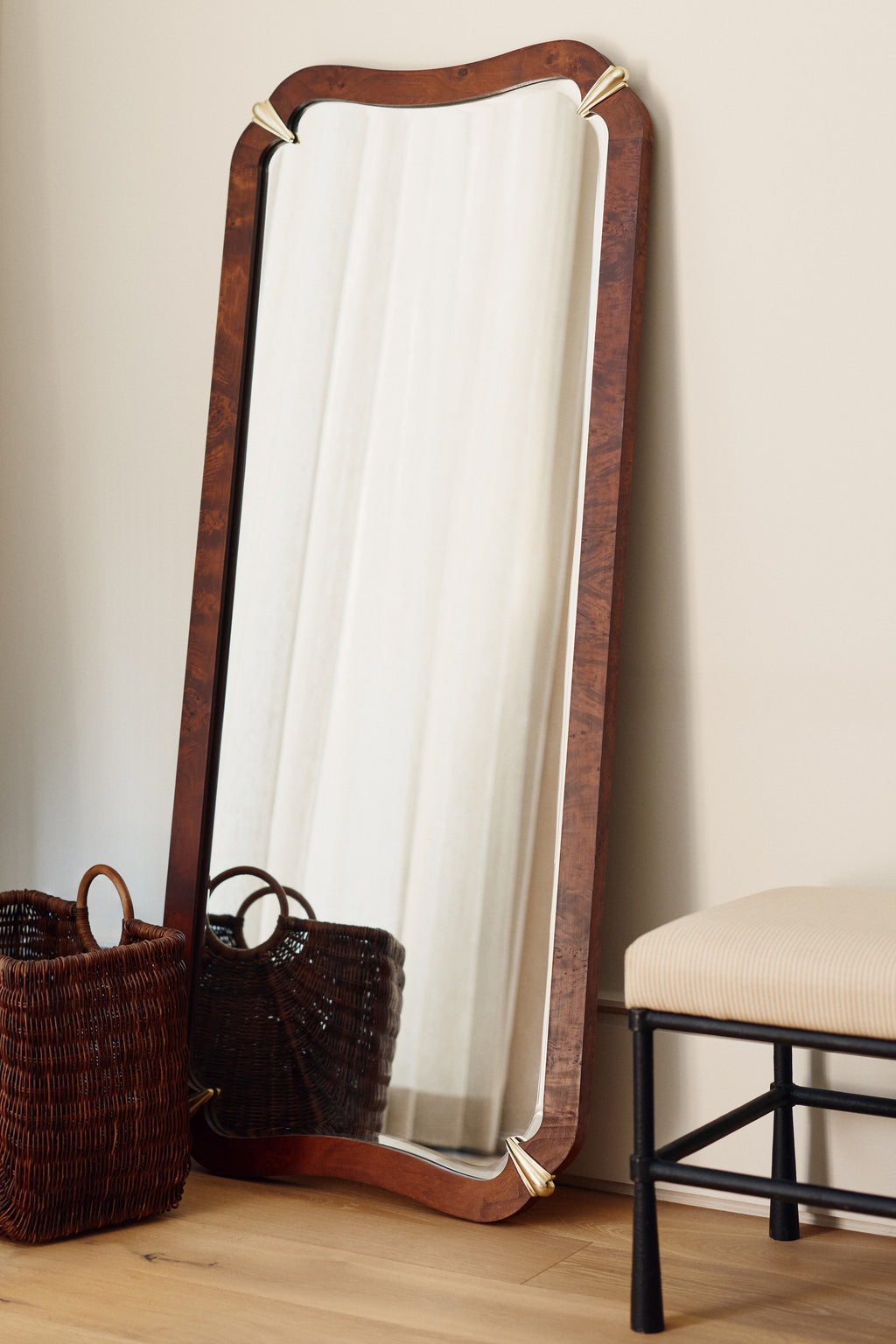Ylur Curved Burl Veneer Full-Length Mirror, Gold-Tone Corners in Dark Burl, product view 1