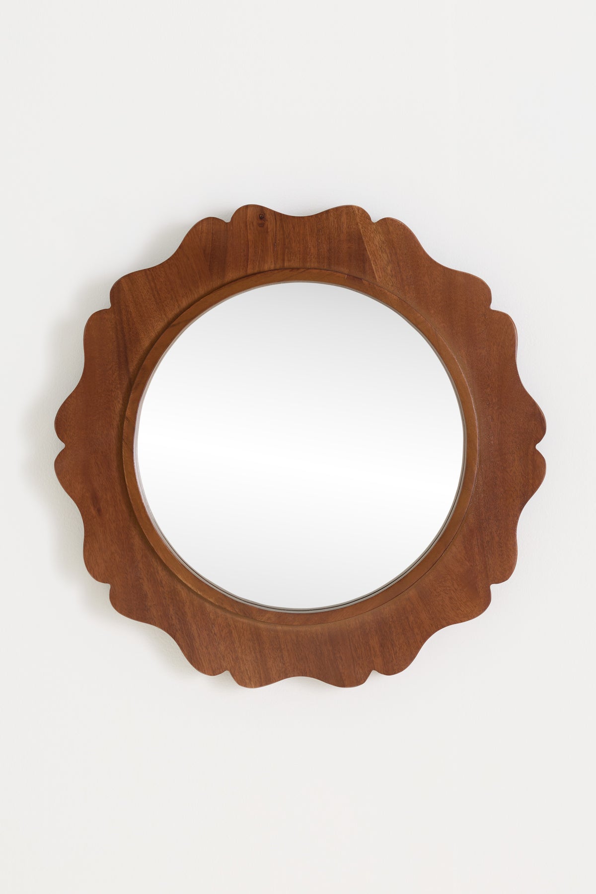 Erla Scalloped Acacia Wood Round Wall Mirror, 16 in in Brown, product view 1