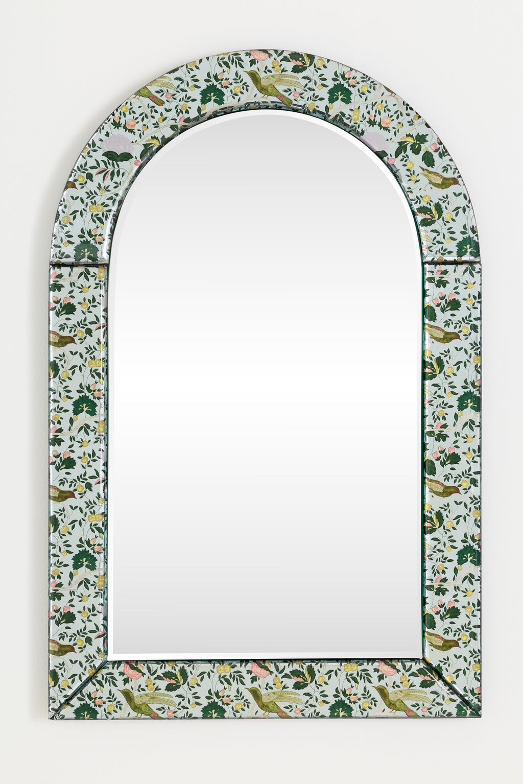 Gardur Arched Wall Mirror with Floral Glass Border in Clear, product view 1