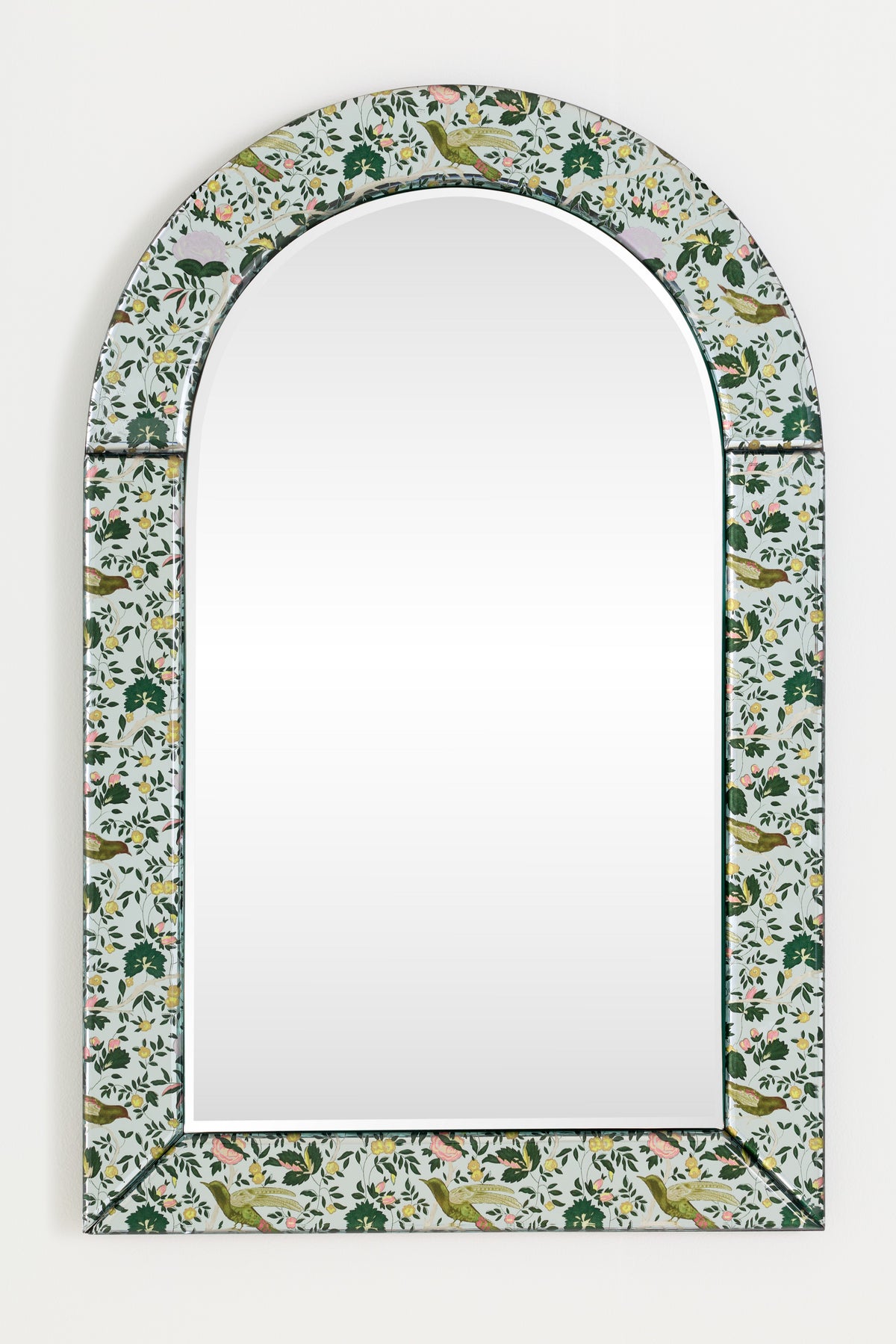 Gardur Arched Wall Mirror with Floral Glass Border in Clear, product view 1