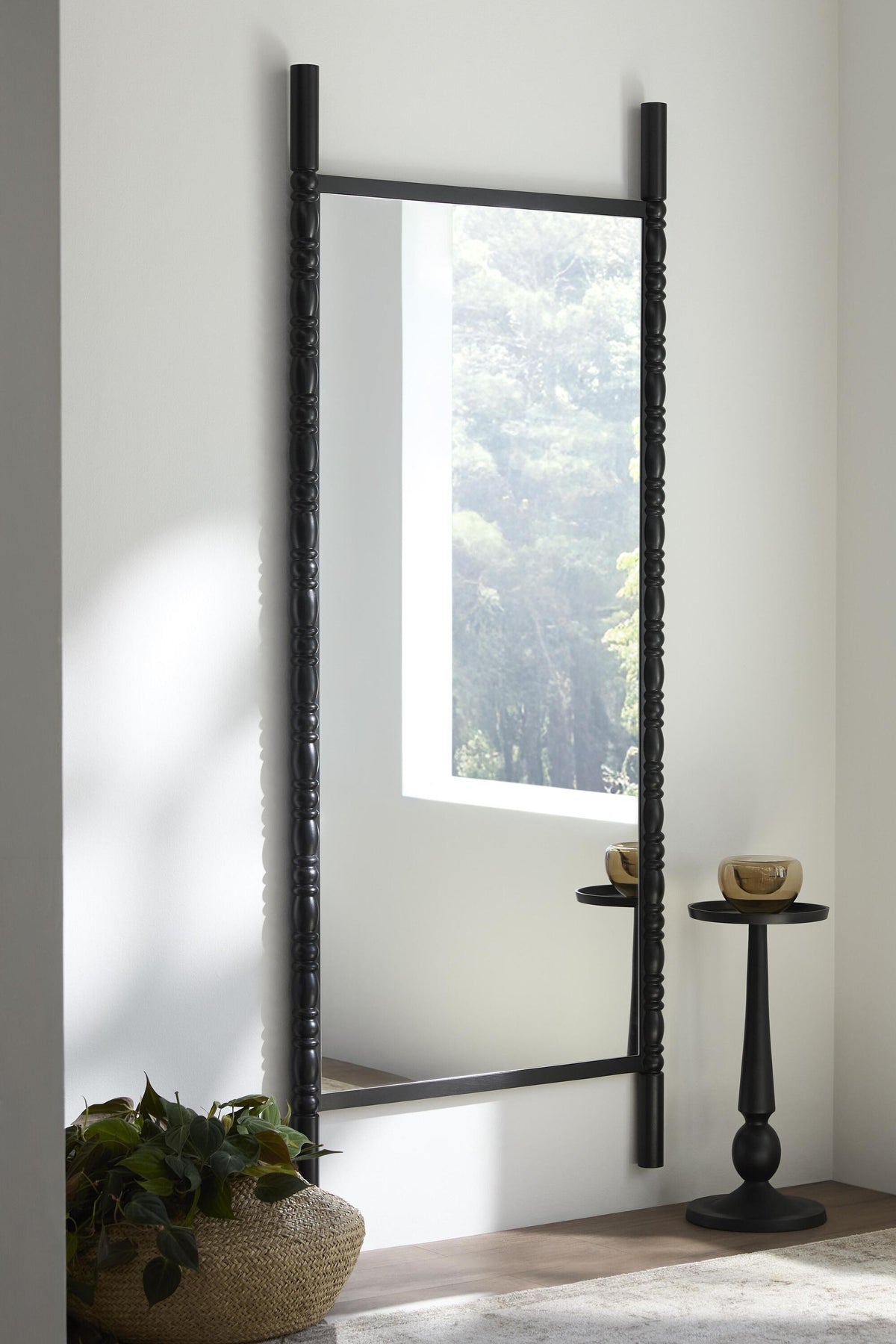 Stigi Carved Pine Full-Length Mirror, Floor or Wall in Black, product view 1