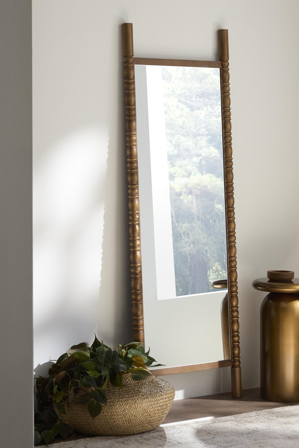 Stigi Carved Pine Full-Length Mirror, Floor or Wall in Brown, product view 3