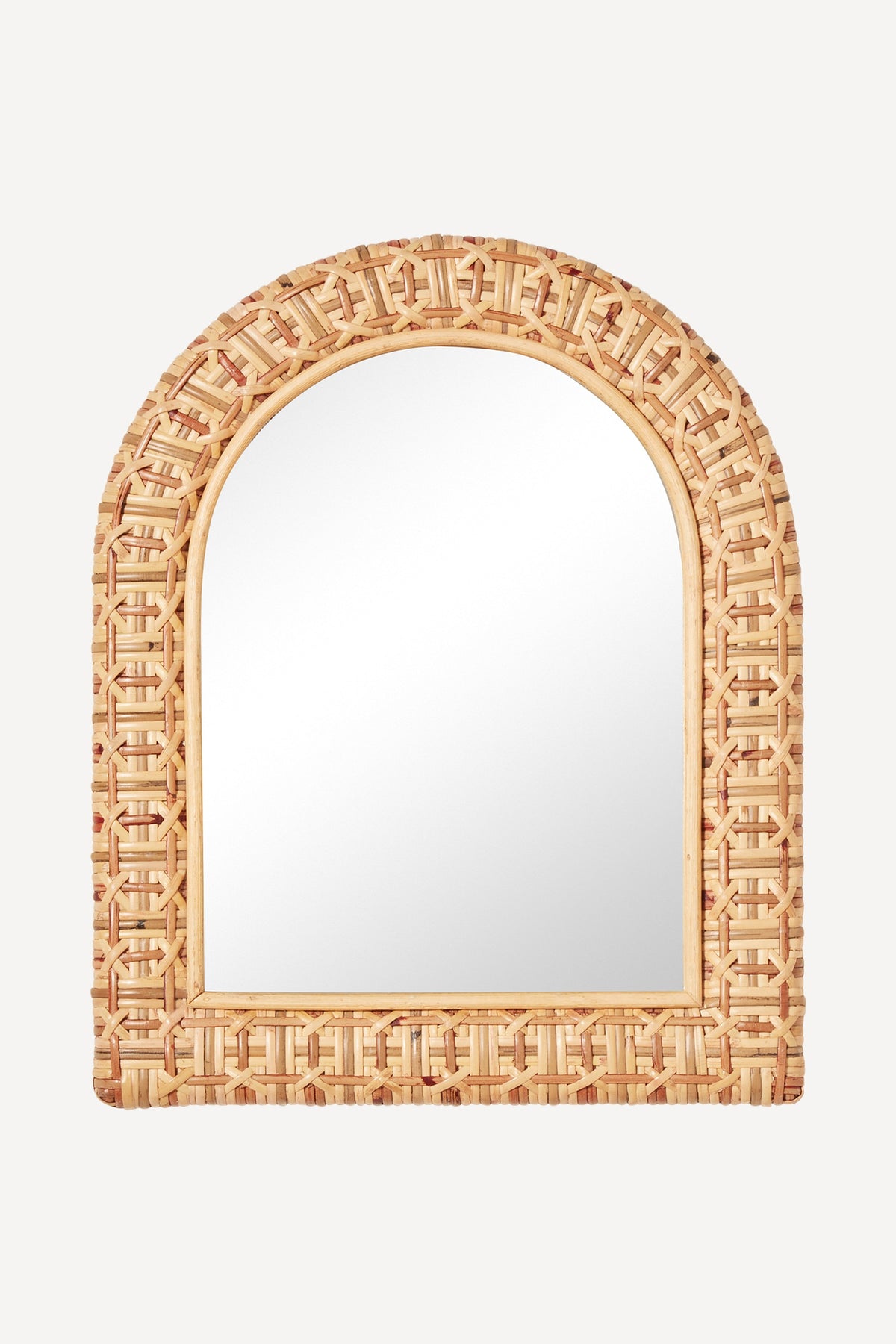 Yndi Woven Rattan Arched Wall Mirror with Shelf in 085 Coral, product view 1