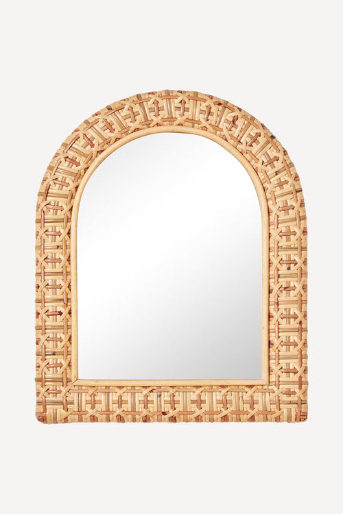 Yndi Woven Rattan Arched Wall Mirror with Shelf in 085 Coral, product view 1