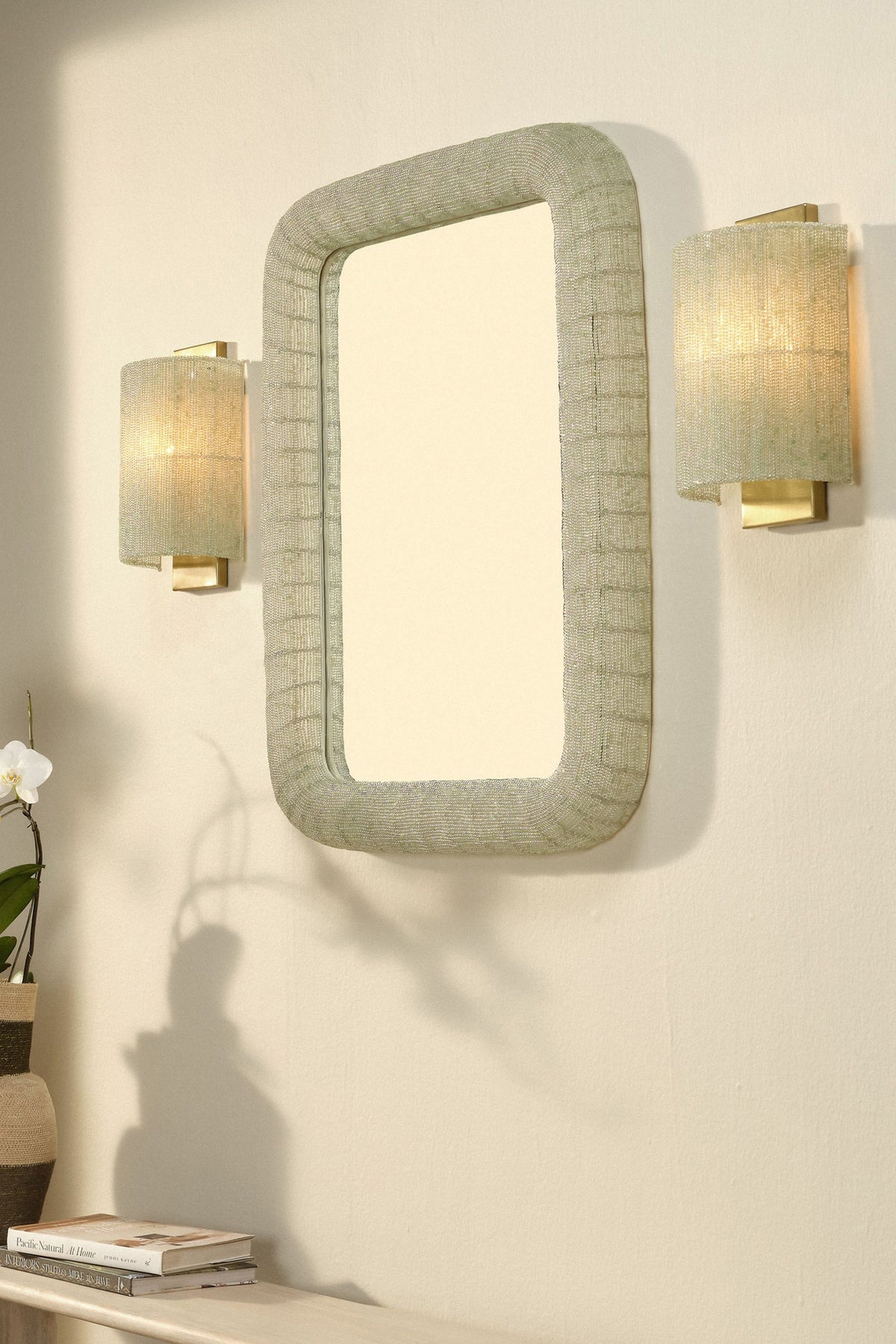 Freyja Hand-Strung Glass Bead Wall Mirror in 030 Green, product view 7