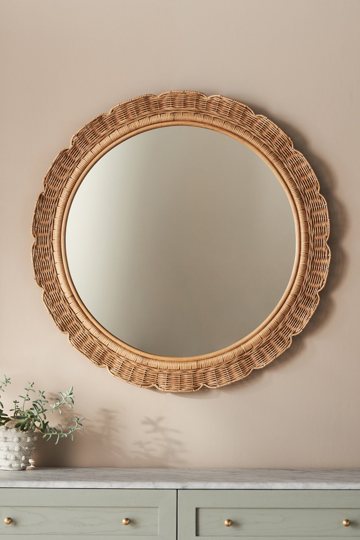 Karfa Scalloped Rattan Round Wall Mirror, 39 in in 111 Natural, product view 1