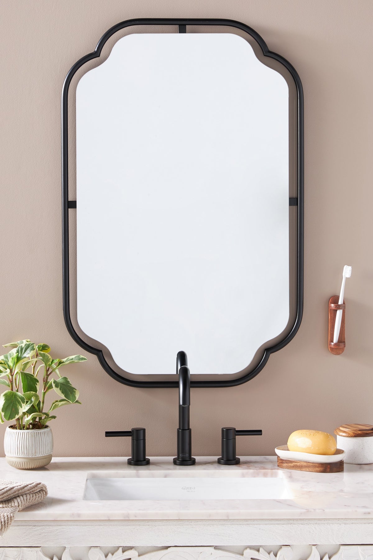 Thora Art Deco Metal Bathroom Wall Mirror in Black, product view 1