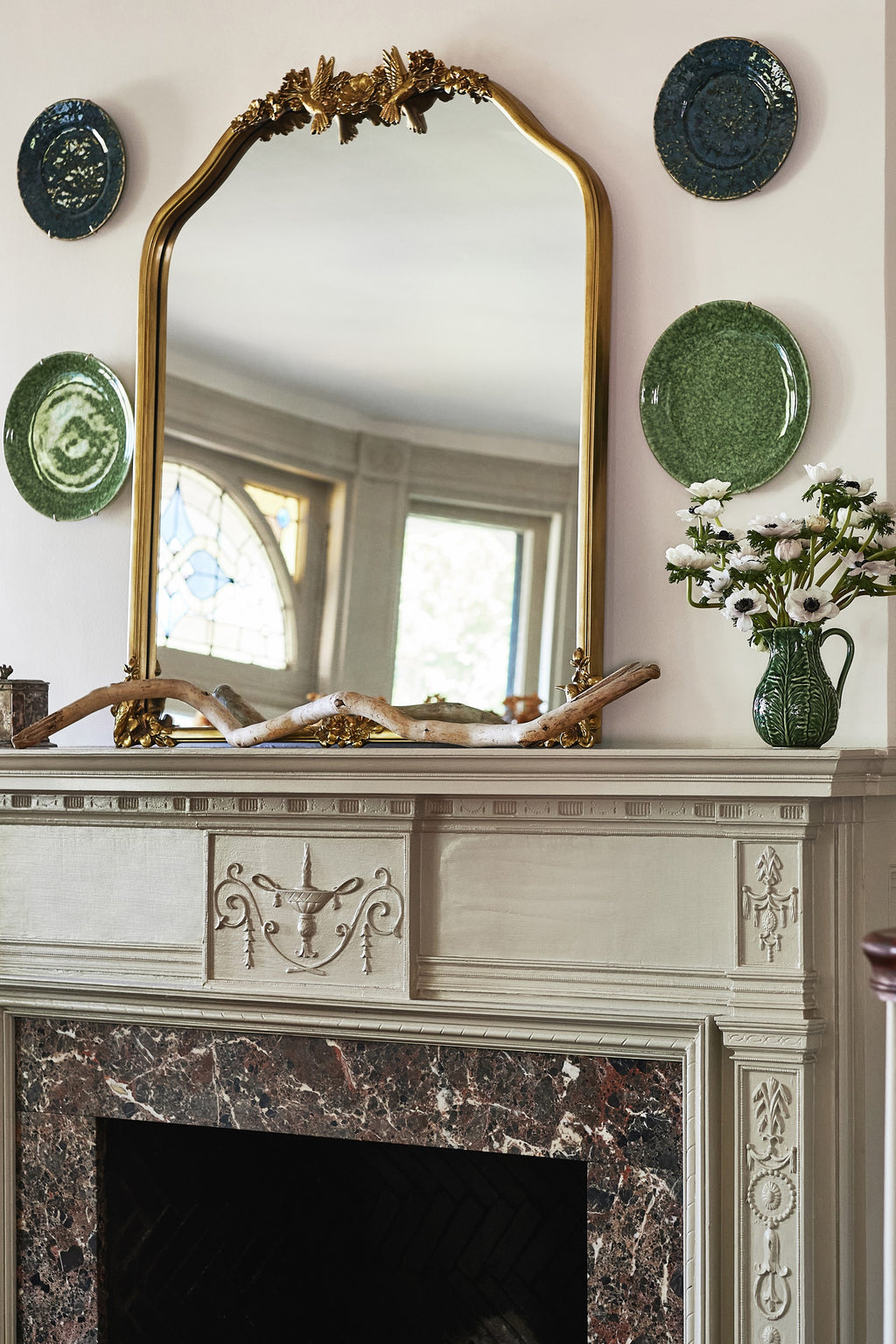 Vala Hummingbird Floral Gold Arched Mantel Mirror, product view 1