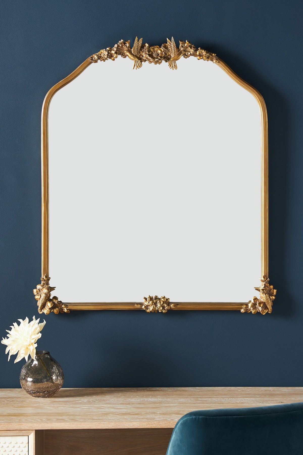 Vala Hummingbird Floral Gold Arched Mantel Mirror, product view 2
