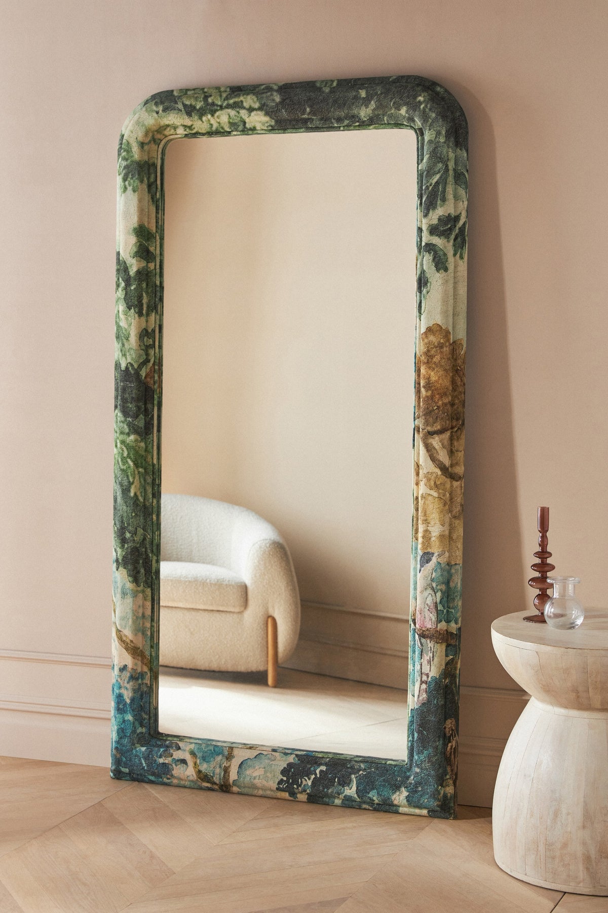 Saga Botanical Tapestry Upholstered Floor Mirror in Judarn, product view 1