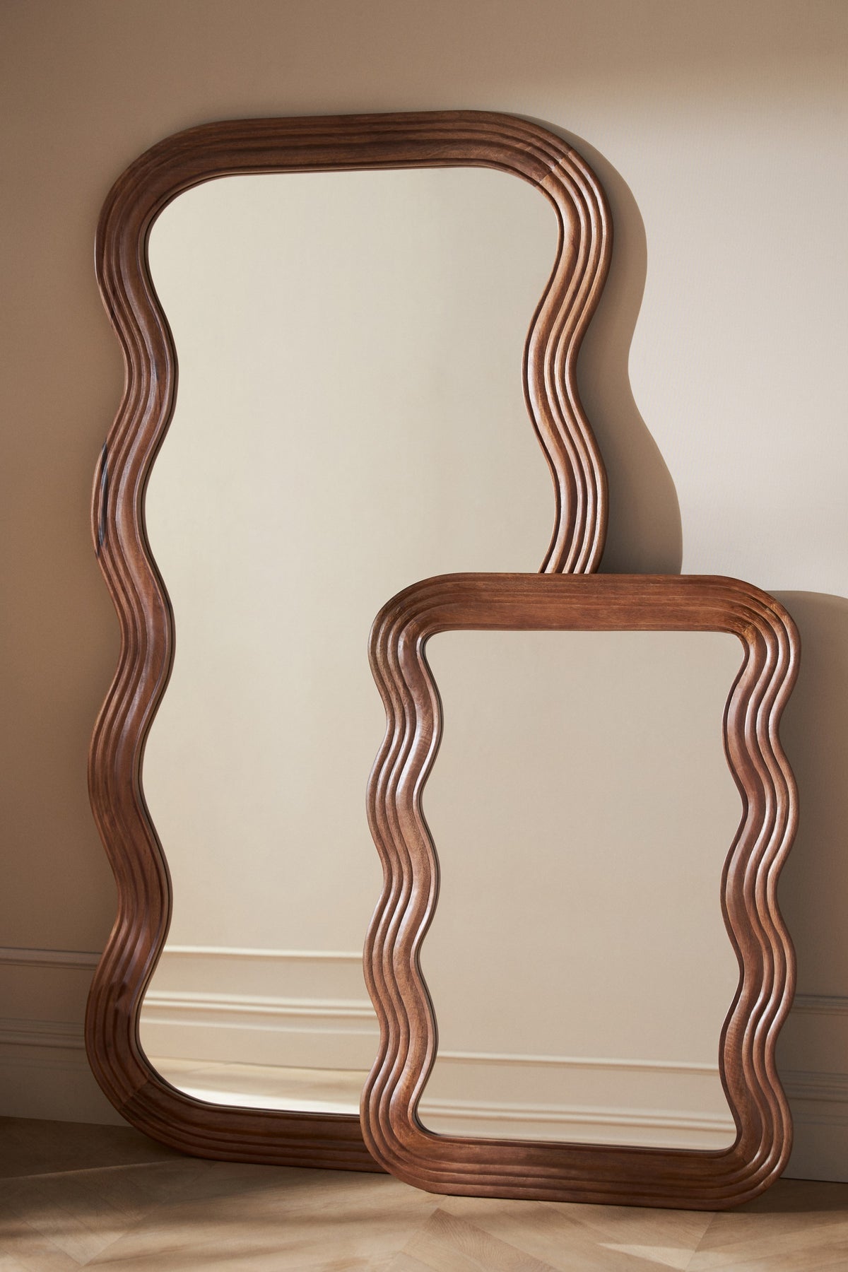 Bylgja Wavy Hardwood Mirror, Wall or Floor Sizes in Brown, product view 2