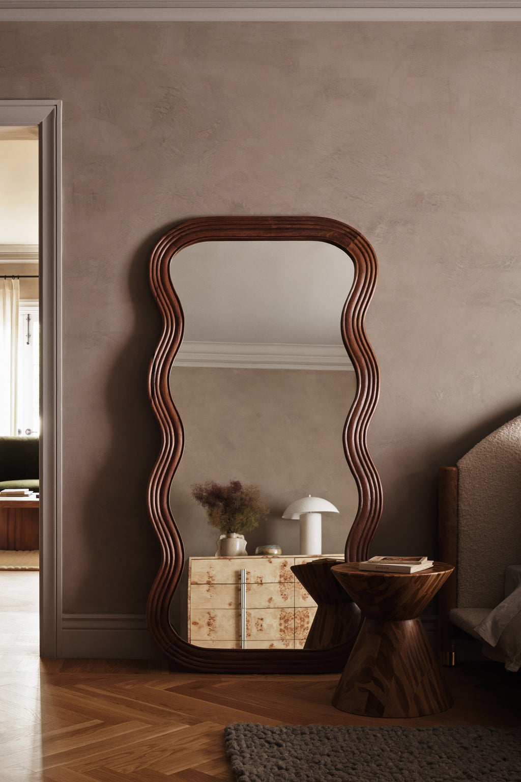 Bylgja Wavy Hardwood Mirror, Wall or Floor Sizes in Brown, product view 8