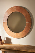 Leif Cross-Stitched Leather Round Wall Mirror, 36 in in 074 Maize, product view 1